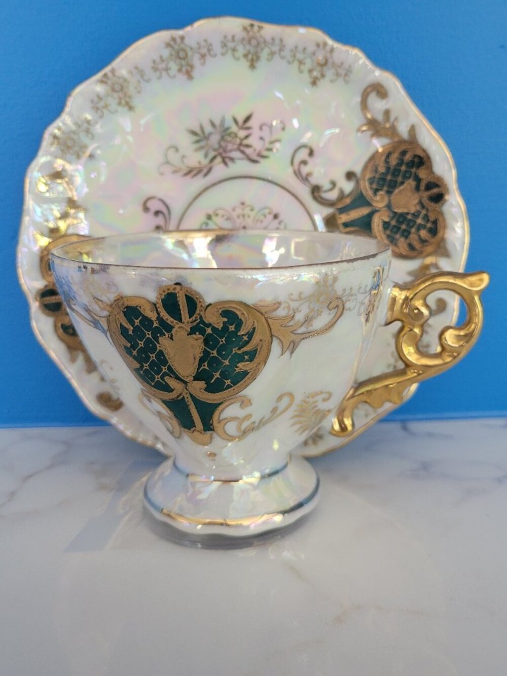 Royal Sealy Japan Lusterware Teacup & Saucer Green Gold Opalescent Footed